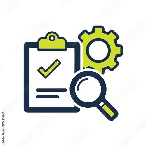 Flat duotone icon of a checklist, magnifying glass, and gear, symbolizing inspection and maintenance
