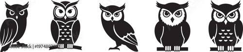 Five stylized black owl silhouettes are arranged on a white background. Each owl has a different pose and expression, creating a dynamic composition.