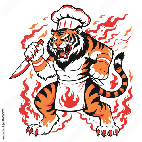 Fierce Tiger Chef Fire Mascot T Shirt Graphic