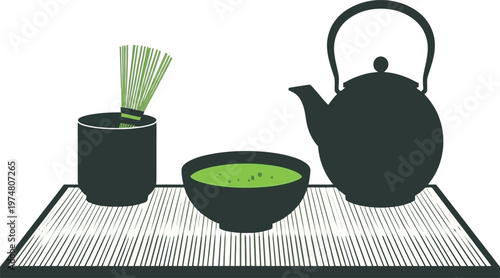 Traditional tea set arranged on woven mat with bamboo whisk and green tea