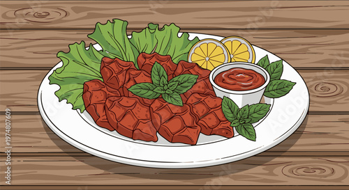 A plate of savory red meat patties served with lettuce, lemon, and sauce