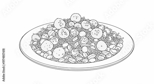 A stylized black and white drawing of a round plate overflowing with various textured strands and circular food items