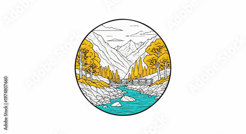 A stylized circular emblem depicts a scenic mountain river with fall foliage and a bridge
