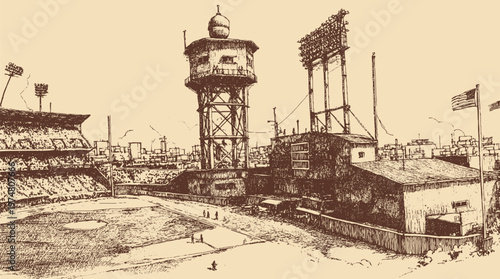 Baseball stadium illustration, vector format. This vector illustration can be used in any size you like for advertising, logos, and other work.