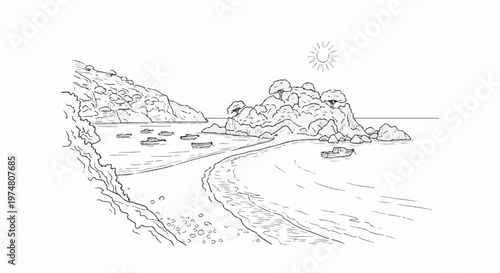 A sunlit coastline scene with rocky outcrops and boats dotting the water