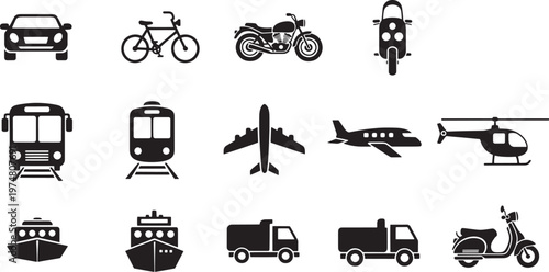 A collection of black silhouette icons representing various modes of transportation. The icons include a car, bicycle, motorcycle, scooter, bus, train, tram, airplane, helicopter, ship, and truck.