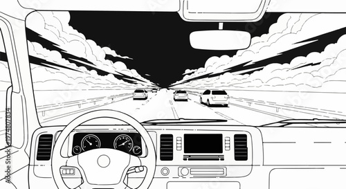 Driving down a highway with a dramatic sky overhead