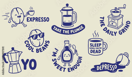 Coffee Lovers' Collection: An illustrative assortment of coffee-related imagery, showcasing various brewing methods and playful slogans perfect for caffeinated enthusiasts.