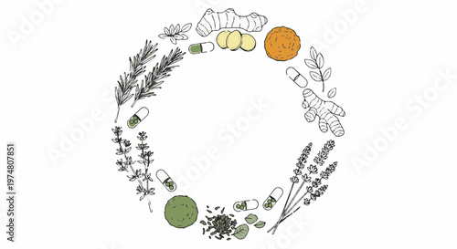 Circular arrangement of natural health remedies and herbs