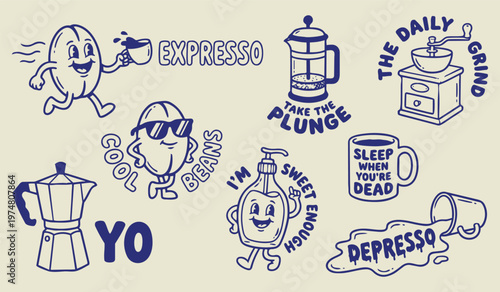 Coffee-themed Illustration: A charming assortment of coffee-related graphics and text, featuring various tools, beverages, and playful characters, perfect for design needs.