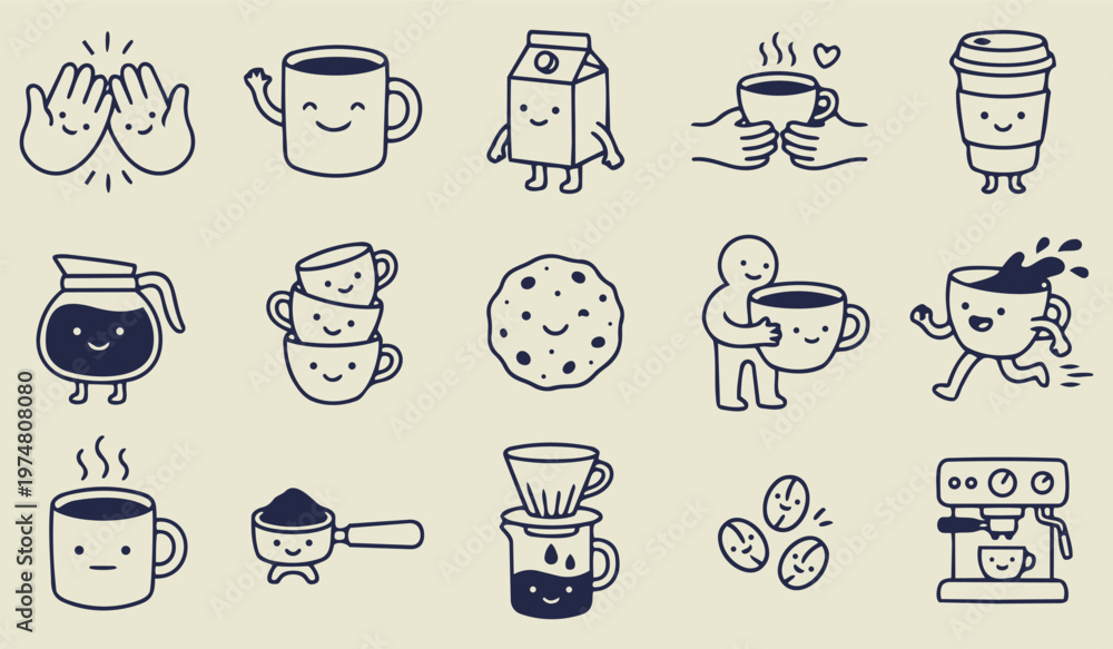 Αυτοκόλλητο Coffee Delight: A delightful collection of playful coffee-themed illustrations, showcasing various coffee-related items and ingredients, evokes a sense of cheerfulness and warmth