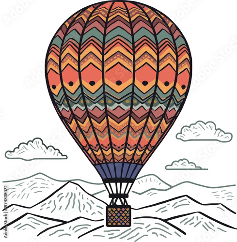 Whimsical hot air balloon floating above a mountainous landscape with dreamy clouds