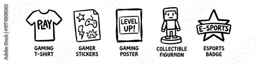 Black and white hand-drawn doodle set of gaming merchandise icons featuring a t-shirt, stickers, level up poster, blocky figurine, and esports badge on a white background.