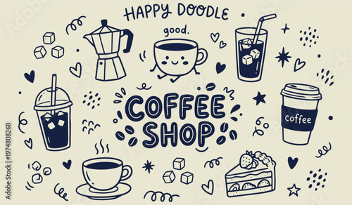 Coffee Shop Delights: Playful and charming illustration with coffee-related elements, evoking warmth and comfort of cafe. 