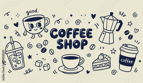 Drawn Coffee Shop Delights: A cheerful illustration showcasing the essence of a coffee shop, with coffee-related elements such as a coffee cup, coffee bean, coffee maker and more.