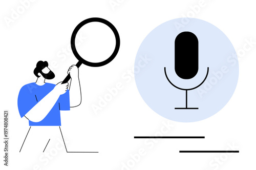 Digital technology, voice recognition, search tools, podcasting, content creation, UX design. Man holding magnifying glass next to microphone icon. Voice recognition and search tools concept