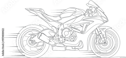Dynamic line art illustration of a powerful sport motorcycle racing at high speed, depicted in a continuous single stroke, representing movement and thrilling performance.
