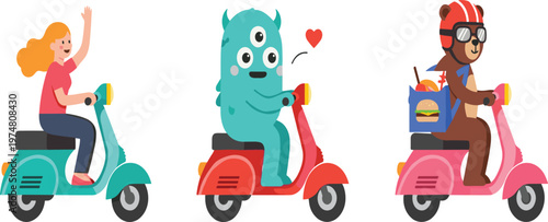 Cute Flat Vector Illustration of a Happy Woman, a Three Eyed Monster, and a Bear Riding Colorful Scooters and Delivering Fast Food
