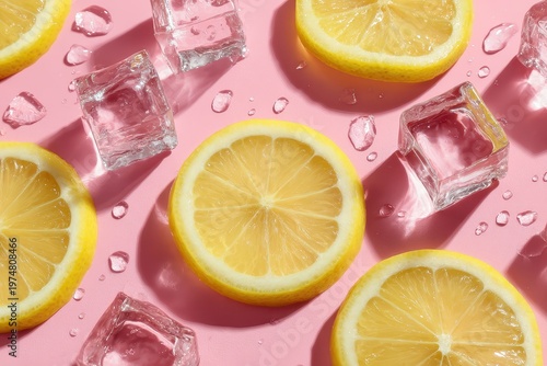Vibrant Yellow Lemon Slices and Clear Ice Cubes Scattered on a Pastel Pink Surface with Water Droplets and Sparkling Highlights Creating a Refreshing Summer Aesthetic Studio Shot