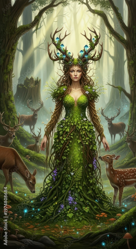 Fototapeta premium Forest guardian stands amidst a serene woodland filled with deer and glowing flora.