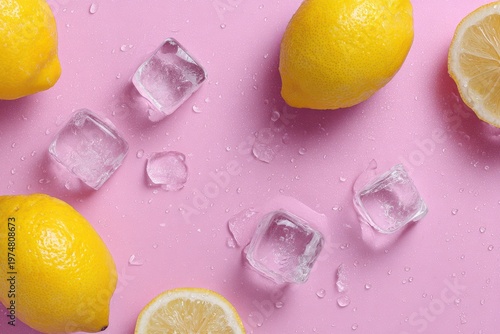 Vibrant Yellow Lemons and Clear Ice Cubes Scattered Across a Sparkling Pink Background with Studio Lighting