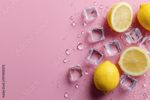 Vibrant Yellow Lemons and Sparkling Ice Cubes on a Soft Pink Background with Water Droplets and Glitter Creating a Refreshing and Cool Atmosphere