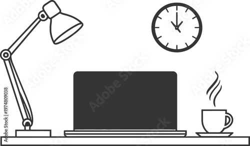 A cozy workspace setup with a laptop, desk lamp, cup of coffee, and wall clock.