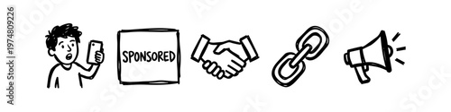 Hand-drawn doodle set of marketing icons featuring a person with a smartphone, sponsored tag, business handshake, chain link, and megaphone. Perfect for digital advertising and social media themes.