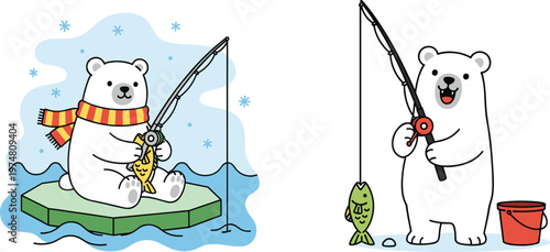 Cute polar bear fishing cartoon vector set with winter ice fishing animal characters Arctic wildlife illustration playful bear catching fish collection