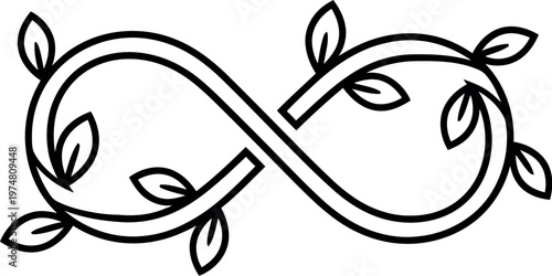 A beautifully intricate line art illustration depicts an elegant infinity symbol intertwined with delicate leafy vines, symbolizing endless growth, nature, and eternal connections.