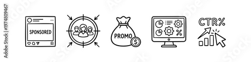 Hand-drawn digital marketing icon set featuring social media sponsored posts, audience targeting, promo budget, data analytics, and click-through rate CTR performance.