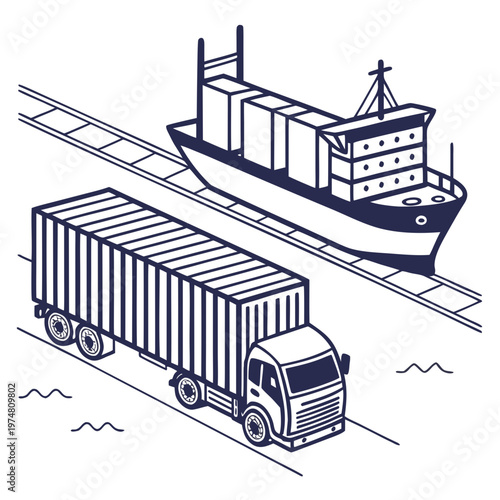 Truck and cargo ship on railroad tracks transportation
