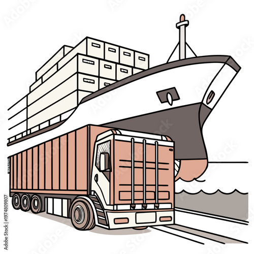 Colorful of truck and cargo ship loading containers