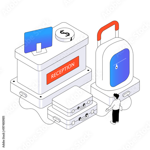 An isometric design illustration of hotel reception 