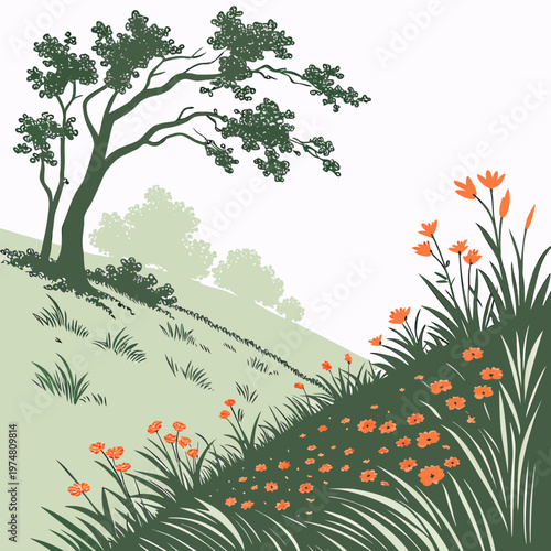 Orange flowers on a green hillside grass trees nature