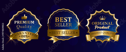 Premium Gold Badges Collection – Best Seller, Guaranteed Quality and Original Product Luxury Labels, Elegant Shield Emblems with Crown and Ribbon Design on Dark Background