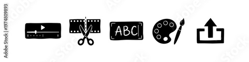 Set of hand-drawn video editing icons featuring playback, film trimming, text, color palette, and upload symbols. Minimalist black doodle graphics for creative content production workflow.