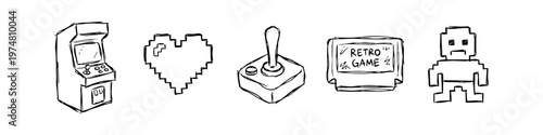 Set of hand-drawn retro gaming icons including an arcade cabinet, pixel heart, joystick, game cartridge, and pixel character. Minimalist black and white sketch style on a white background.