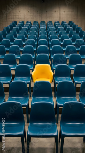 One yellow seat stands out among rows of blue chairs in auditorium 