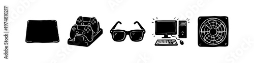 Hand-drawn black and white icon set featuring gaming essentials: a mousepad, gamepad charging station, glasses, desktop computer setup, and cooling fan. Ideal for tech and e-sports themes.