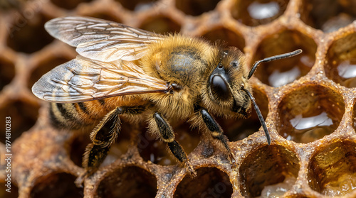 Macro shot of a honey bee on a honeycomb intricate details of the insect and its natural environment 