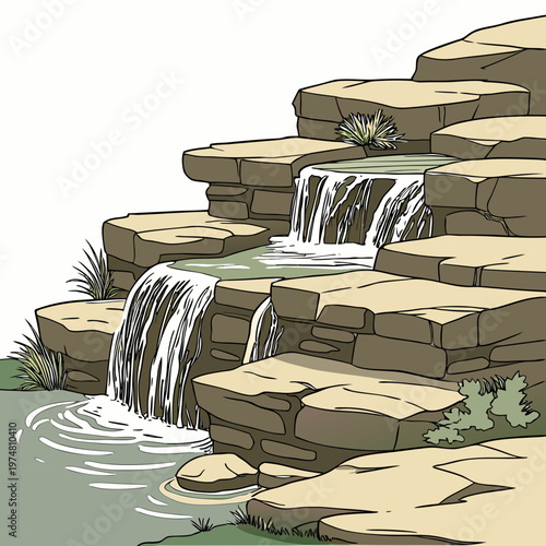 Brown rocky waterfall with two streams rocks nature