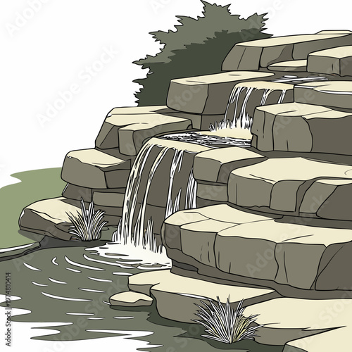 Beige and brown rocky waterfall with green plants rocks