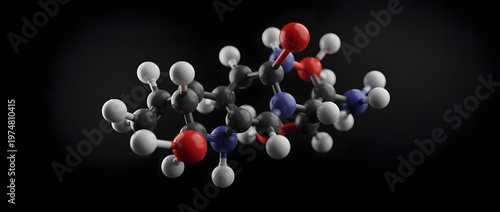 3D render of a complex organic molecule structure with red blue white spheres on black background 
