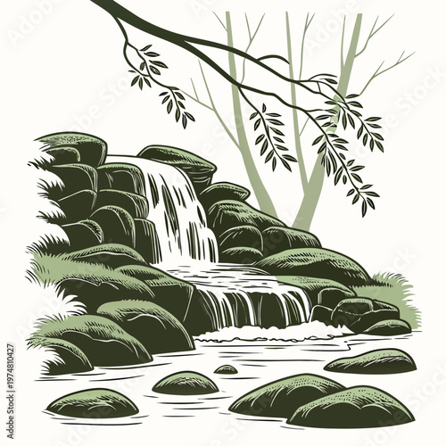 Mossy Waterfall with Trees rocks