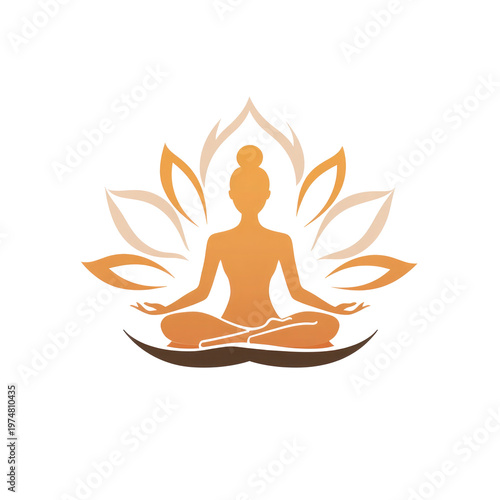 Silhouette of meditating person in lotus pose with glowing orange petals isolated on transparent background