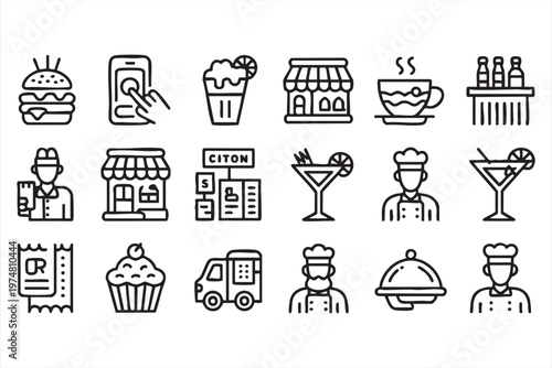 Minimal Outline Icons Collection Featuring Cafe Menu Drinks and Chef Symbols