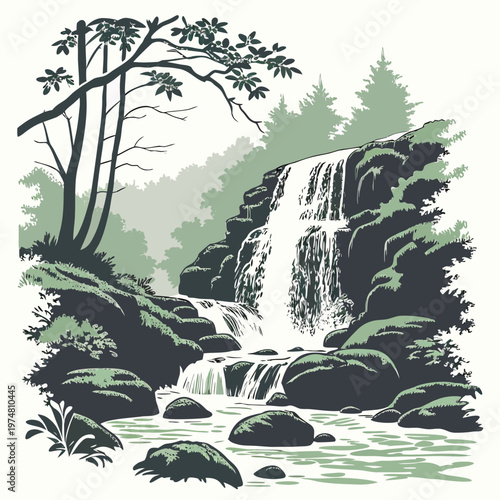 Waterfall in forest with rocks and trees nature