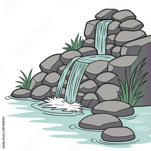 Gray rocky waterfall with blue water rocks nature