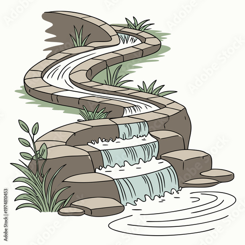 Artificial waterfall with stone steps garden landscape